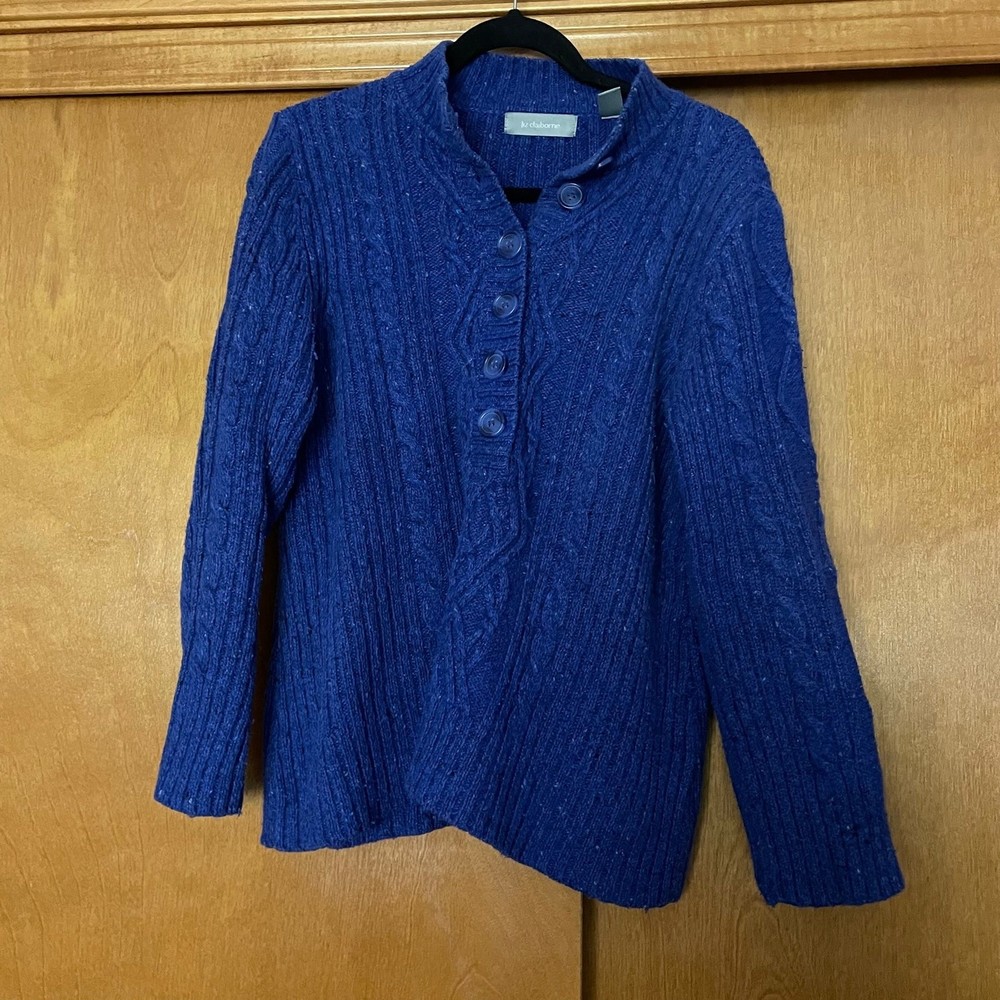 Liz Claiborne Navy Chunky Cable Knit Button Sweater Size Medium Fisherman Preppy